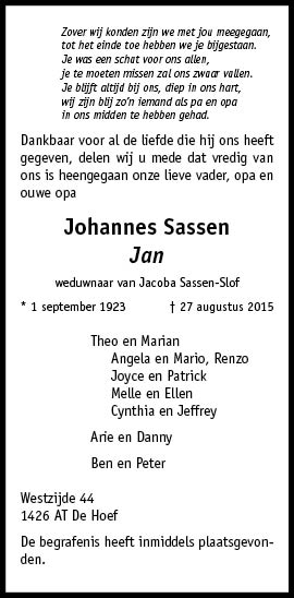 Overleden: Johannes Sassen (01-09-1923 - 27-08-2015)