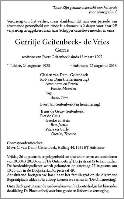 Overleden: Gerritje Geitenbeek-de Vries (24-08-1923 - 22-08-2016)