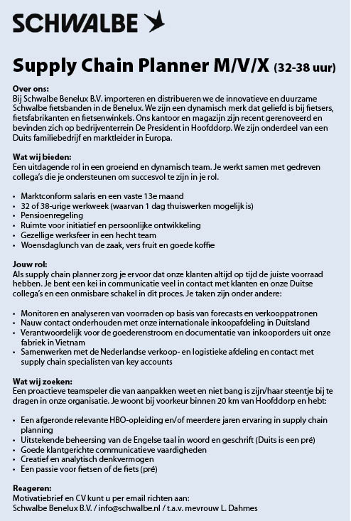 Vacature Supply Chain Planner M/V/X