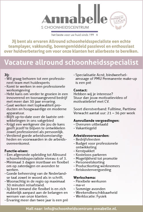 Vacature Allround Schoonheidsspecialiste