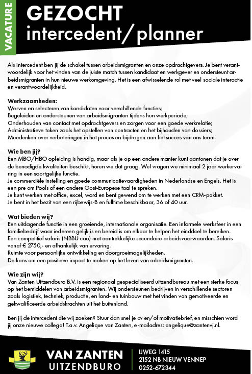 Vacature Intercedent/Planner