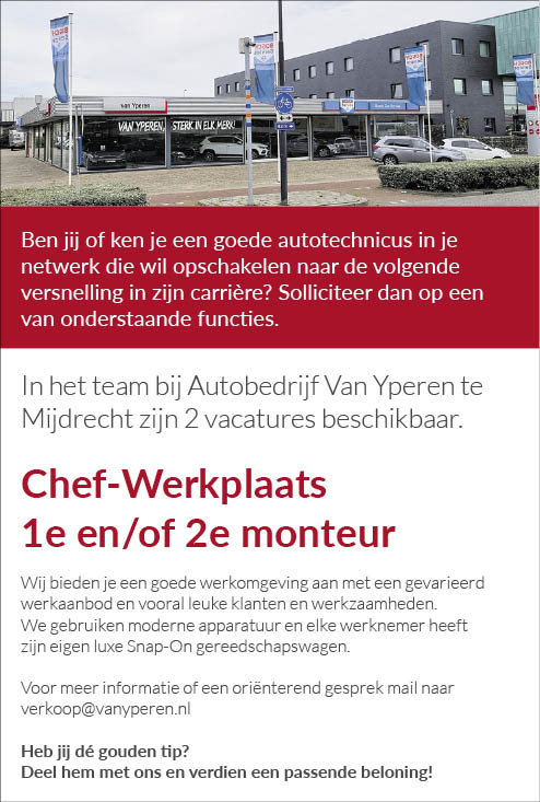 Vacature Chef-Werkplaats en 1e en/of 2e monteur