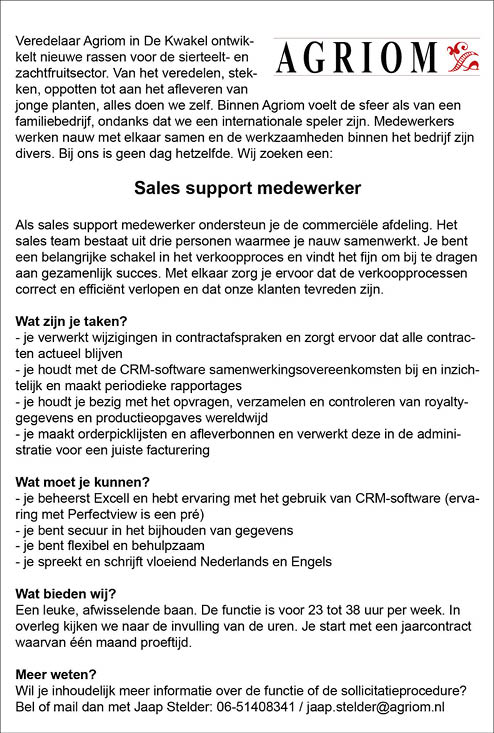 Vacature Sales support Medewerker