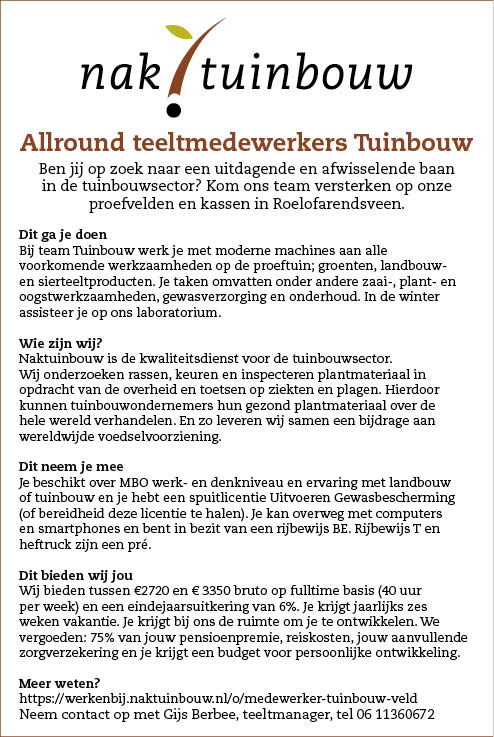 Vacature Allround teeltmedewerkers Tuinbouw